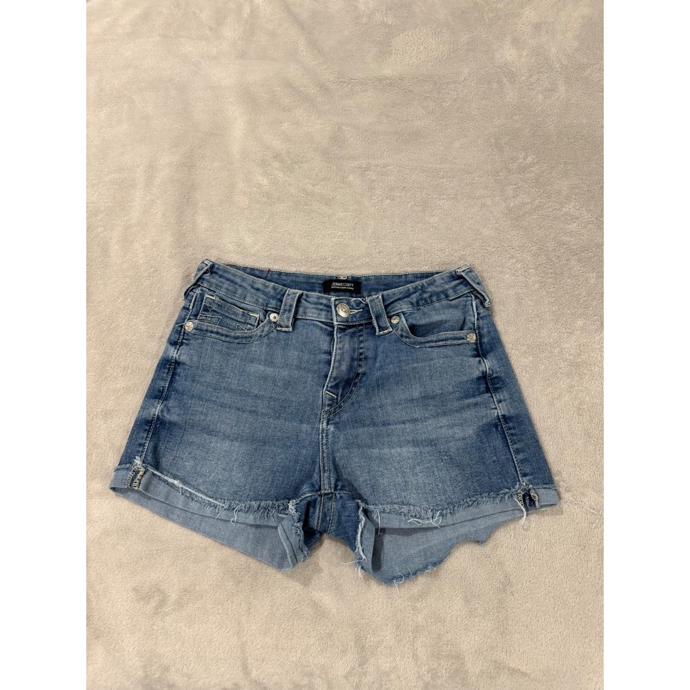 True Religion Jennie Curvy Mid Rise Denim Shorts Blue 29 Cut Off Frayed Hem
